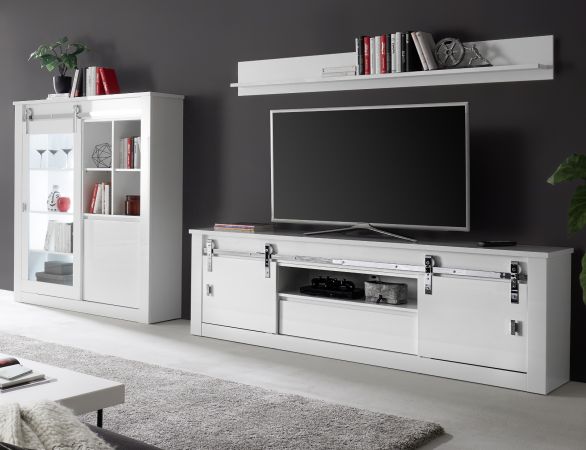 Wohnwand Miami in wei Hochglanz Wohnkombination 3-teilig 349 x 170 cm, Soft-Close