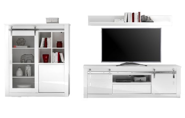 Wohnwand Miami in wei� Hochglanz Wohnkombination 3-teilig 349 x 170 cm, Soft-Close