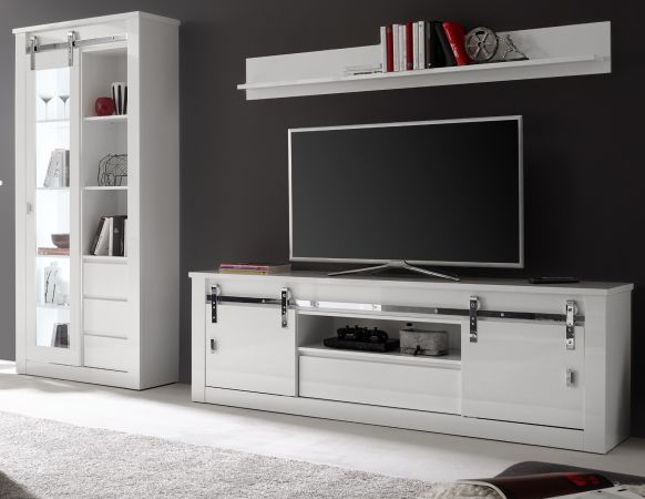 Wohnwand Miami in wei Hochglanz Wohnkombination 3-teilig 309 x 201 cm, Soft-Close