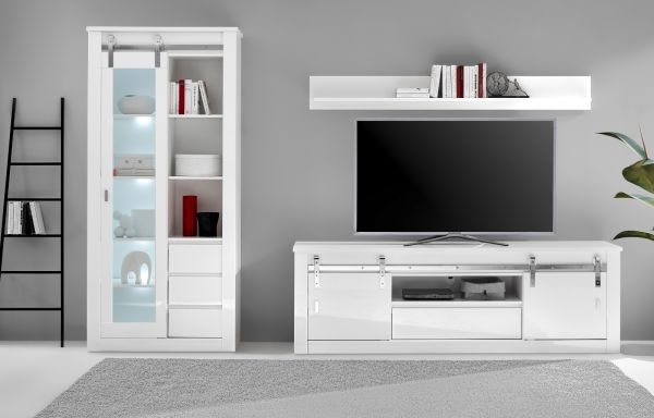 Wohnwand Miami in wei� Hochglanz Wohnkombination 3-teilig 309 x 201 cm, Soft-Close