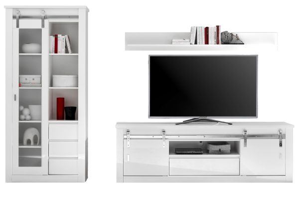 Wohnwand Miami in wei� Hochglanz Wohnkombination 3-teilig 309 x 201 cm, Soft-Close