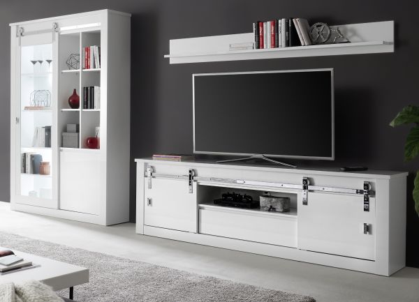 Wohnwand Miami in wei Hochglanz Wohnkombination 3-teilig 349 x 201 cm, Soft-Close