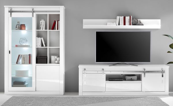 Wohnwand Miami in wei� Hochglanz Wohnkombination 3-teilig 349 x 201 cm, Soft-Close