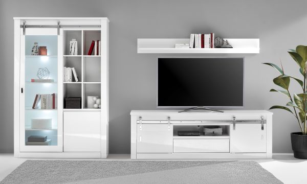 Wohnwand Miami in wei� Hochglanz Wohnkombination 3-teilig 349 x 201 cm, Soft-Close