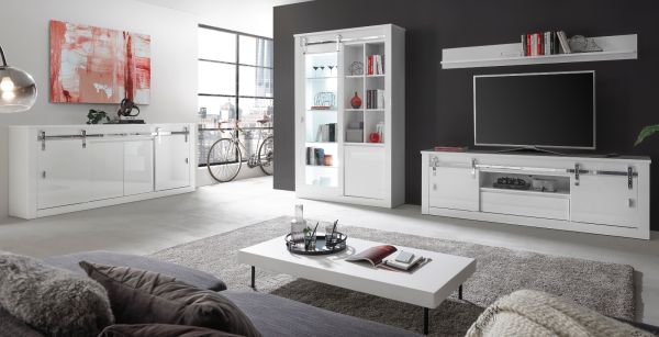 Wohnwand Miami in wei� Hochglanz Wohnkombination 3-teilig 349 x 201 cm, Soft-Close