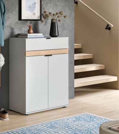 Schuhschrank Janko in grau und Evoke Eiche Flur Kommode 75 x 98 cm, Soft-Close