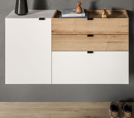 Schuhschrank Janko in wei� und Evoke Eiche Flur Kommode h�ngend 120 cm, Soft-Close