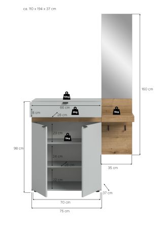 Garderobe Set 2-teilig Janko in grau und Evoke Eiche 110 x 194 cm, Soft-Close