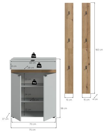 Garderobe Set 3-teilig Janko in grau und Evoke Eiche 135 x 194 cm, Soft-Close