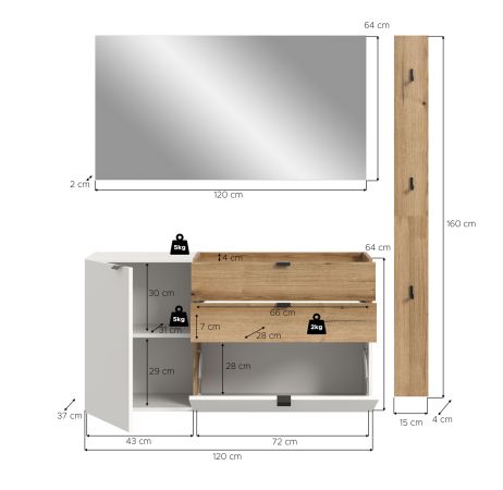 Garderobe Set 3-teilig Janko in wei� und Evoke Eiche 150 x 194 cm, Soft-Close