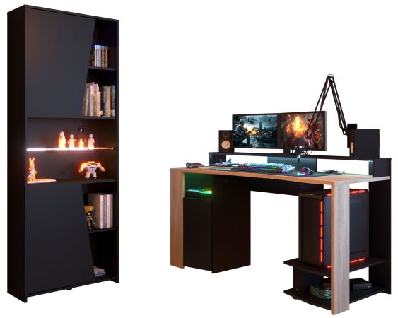 Parisot Gaming Set Meta in schwarz und Eiche Gamingtisch und Schrank inkl. LED mit Farbwechsel
