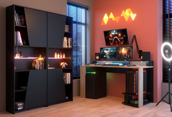 Parisot Gaming Set Meta in schwarz und Eiche Gamingtisch und Schrank inkl. LED mit Farbwechsel