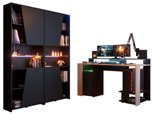 Parisot Gaming Set Meta in schwarz und Eiche Gamingtisch und Schrank inkl. LED mit Farbwechsel