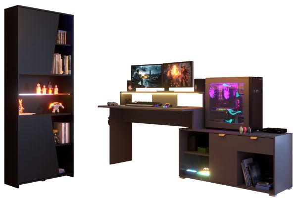 Parisot Gaming Set Work in schwarz und grau Gamingtisch und Schrank inkl. LED mit Farbwechsel