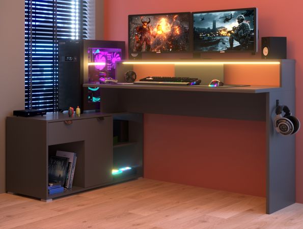 Gamingtisch Work in grau Gamer Schreibtisch inkl. LED mit Farbwechsel