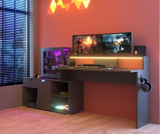 Gamingtisch Work in grau Gamer Schreibtisch inkl. LED mit Farbwechsel
