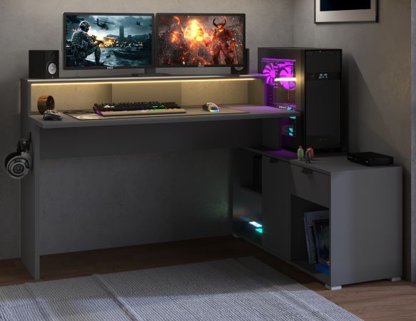 Gamingtisch Work in grau Gamer Schreibtisch inkl. LED mit Farbwechsel