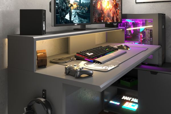 Gamingtisch Work in grau Gamer Schreibtisch inkl. LED mit Farbwechsel