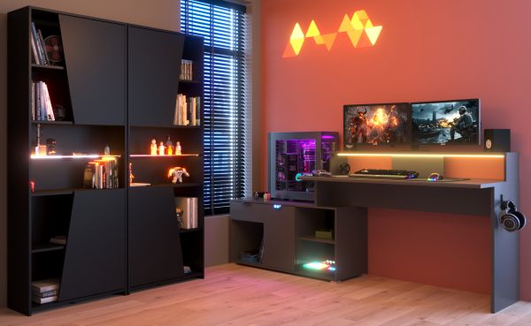 Parisot Gaming Set Work in schwarz und grau Gamingtisch und Schrank inkl. LED mit Farbwechsel