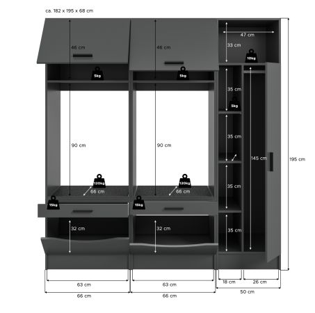 Waschmaschinenschrank Flexy in grau Set 3-teilig 182 x 195 cm