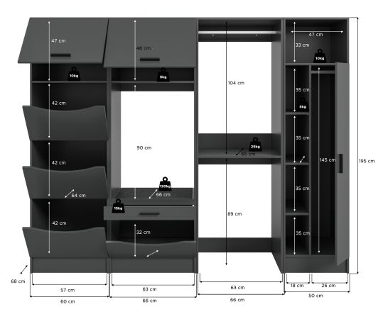 Waschmaschinenschrank Flexy in grau Set 4-teilig 242 x 196 cm