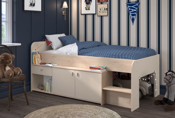 Parisot Hochbett Cache in Kaschmir und Jackson Eiche Stauraumbett 90 x 200 cm