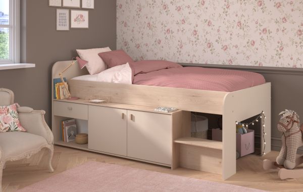 Parisot Hochbett Cache in Kaschmir und Jackson Eiche Stauraumbett 90 x 200 cm