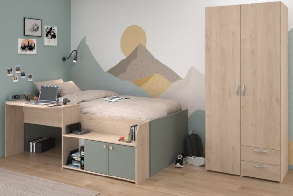Parisot Kinder- und Jugendzimmer Matre in Jackson Eiche und gr�n Set 2-teilig mit Stauraumbett und Kleiderschrank