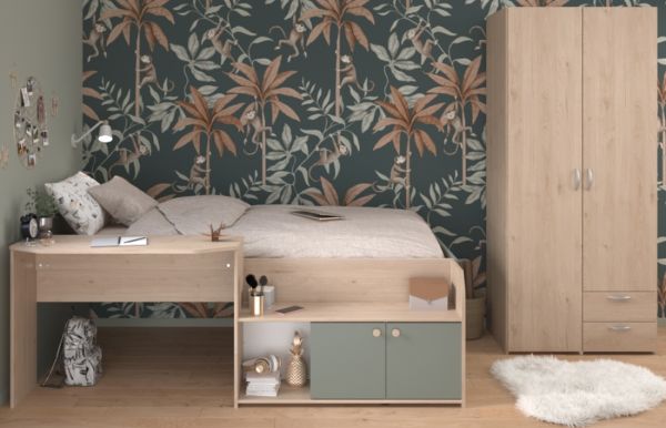 Parisot Kinder- und Jugendzimmer Matre in Jackson Eiche und gr�n Set 2-teilig mit Stauraumbett und Kleiderschrank