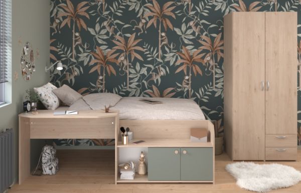 Parisot Kinder- und Jugendzimmer Matre in Jackson Eiche und gr�n Set 2-teilig mit Stauraumbett und Kleiderschrank