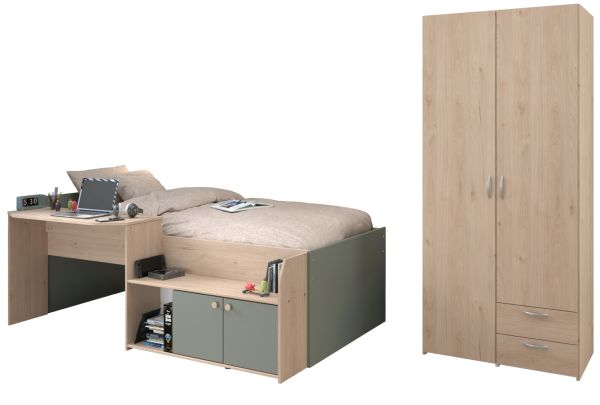 Parisot Kinder- und Jugendzimmer Matre in Jackson Eiche und gr�n Set 2-teilig mit Stauraumbett und Kleiderschrank