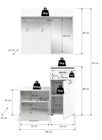 Garderobe Set 3-teilig Cover in wei� Hochglanz 98 x 191 cm