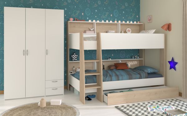 Parisot Kinder- und Jugendzimmer Shelter in wei� und Eiche Set 2-teilig mit Hochbett und Kleiderschrank