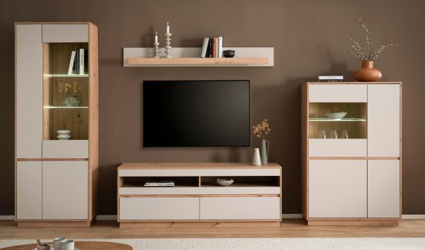 Vitrine Kiruma in Kaschmir und Artisan Eiche Highboard 75 x 144 cm, Soft-Close