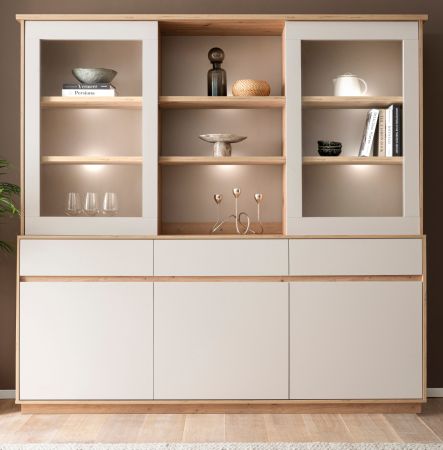 Buffet Kiruma in Kaschmir und Artisan Eiche Vitrinenschrank 202 x 199 cm, Soft-Close