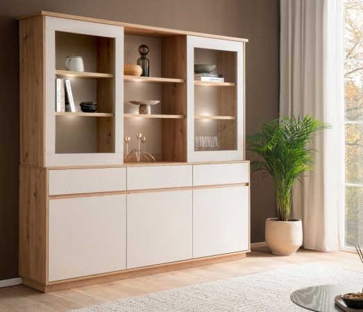 Buffet Kiruma in Kaschmir und Artisan Eiche Vitrinenschrank 202 x 199 cm, Soft-Close