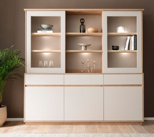 Buffet Kiruma in Kaschmir und Artisan Eiche Vitrinenschrank 202 x 199 cm, Soft-Close