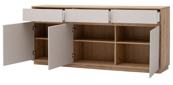 Sideboard Kiruma in Kaschmir und Artisan Eiche Kommode 202 x 89 cm, Soft-Close
