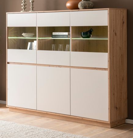 Highboard Kiruma in Kaschmir und Artisan Eiche Vitrine 164 x 138 cm, Soft-Close