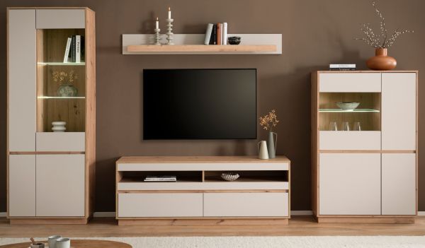 Wohnwand Kiruma in Kaschmir und Artisan Eiche Wohnkombination 4-teilig 342 cm, Soft-Close