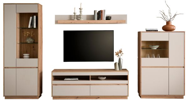 Wohnwand Kiruma in Kaschmir und Artisan Eiche Wohnkombination 4-teilig 342 cm, Soft-Close