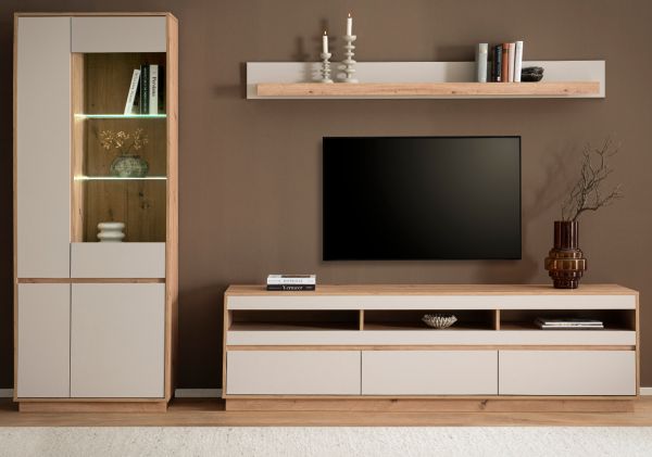 Wohnwand Kiruma in Kaschmir und Artisan Eiche Wohnkombination 3-teilig 292 cm, Soft-Close