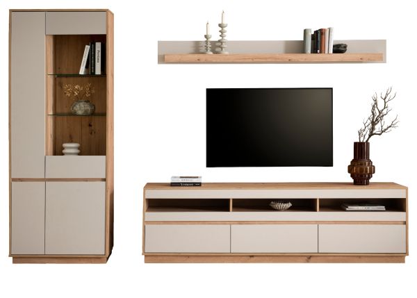 Wohnwand Kiruma in Kaschmir und Artisan Eiche Wohnkombination 3-teilig 292 cm, Soft-Close