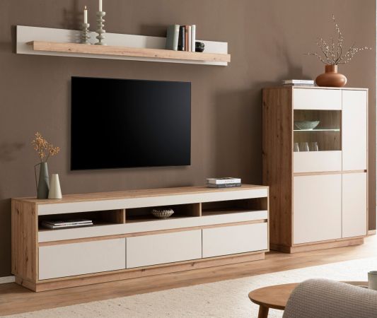 Wohnwand Kiruma in Kaschmir und Artisan Eiche Wohnkombination 3-teilig 292 cm, Soft-Close