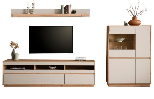 Wohnwand Kiruma in Kaschmir und Artisan Eiche Wohnkombination 3-teilig 292 cm, Soft-Close