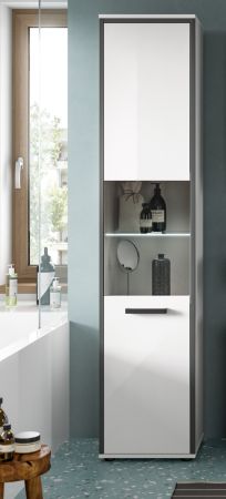 Badezimmer Hochschrank Telly in wei� Hochglanz und grau Badschrank 40 x 188 cm