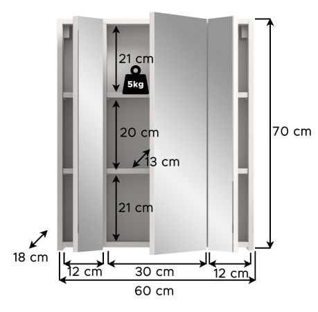 Badezimmer Spiegelschrank Telly in wei� Badschrank 3-t�rig 60 x 70 cm