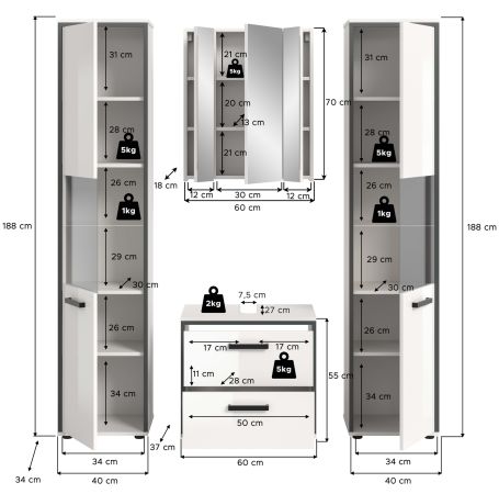 Badm�bel Set 4-teilig Telly in wei� Hochglanz und grau Badkombination 170 x 188 cm