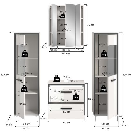 Badm�bel Set 4-teilig Telly in wei� Hochglanz und grau Badkombination 170 x 190 cm