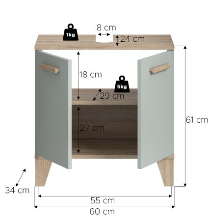 Waschbeckenunterschrank Luna in gr�n und Eiche Badezimmer Unterschrank skandinavisch 60 cm